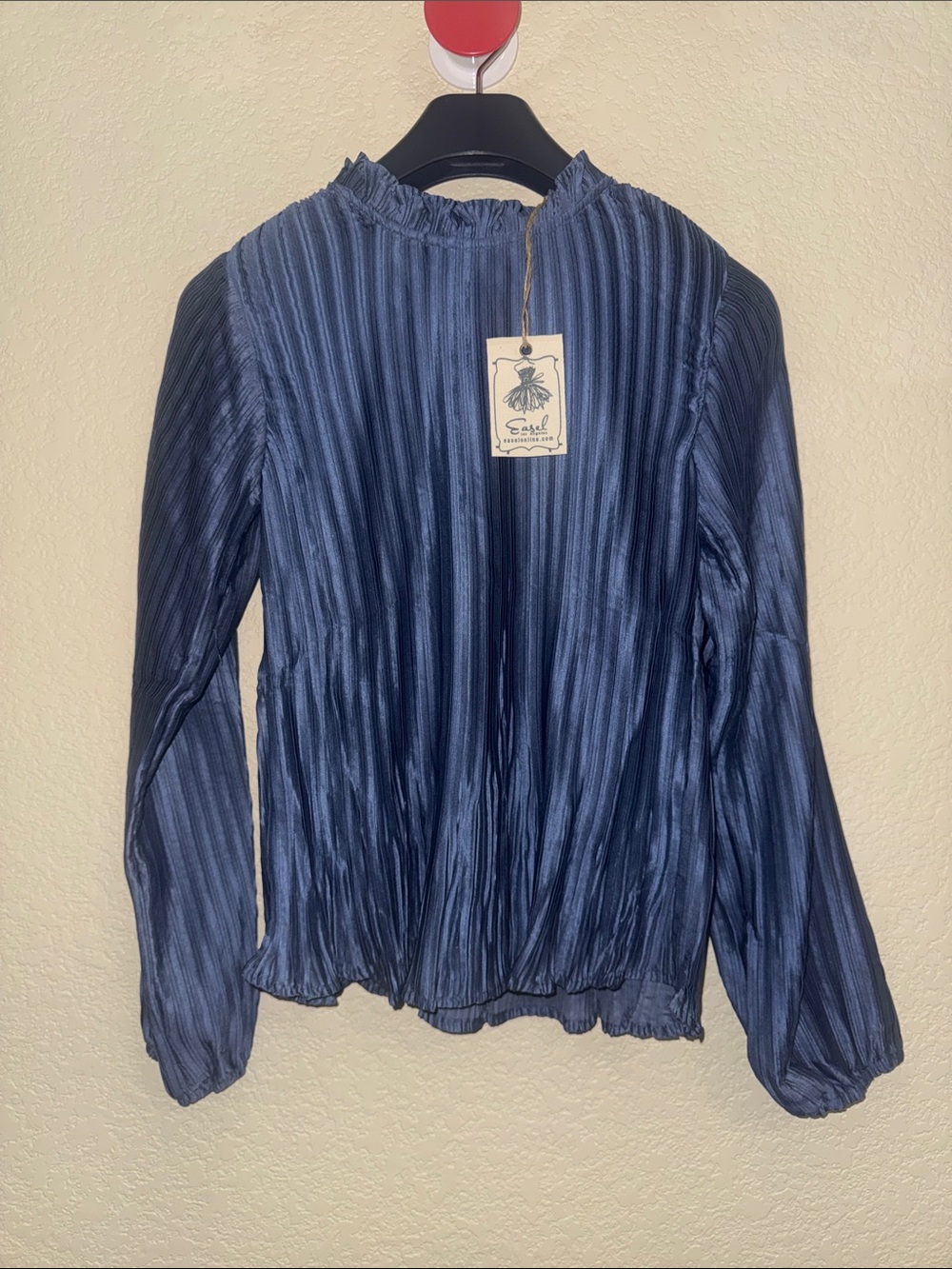 Easel Blue Pleated Mock Neck Long Sleeve Blouse Size Small NWT